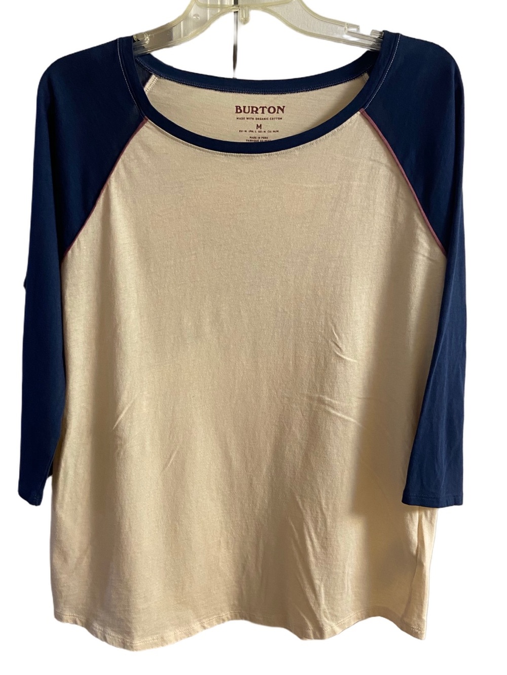 Burton Cream Body Navy Raglan 3/4 Sleeve Tee Organic Cotton Embroidered Back M